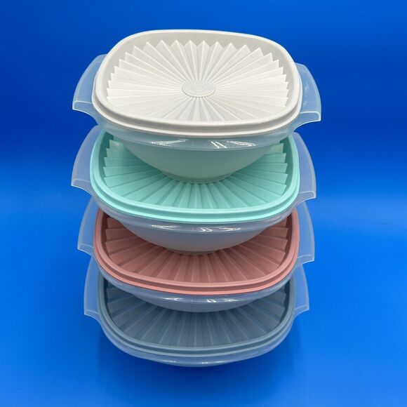 Vintage Tupperware Servalier Bowls Set 4 Sunburst Lid Seal Pink Aqua Almond Blue - Picture 2 of 16